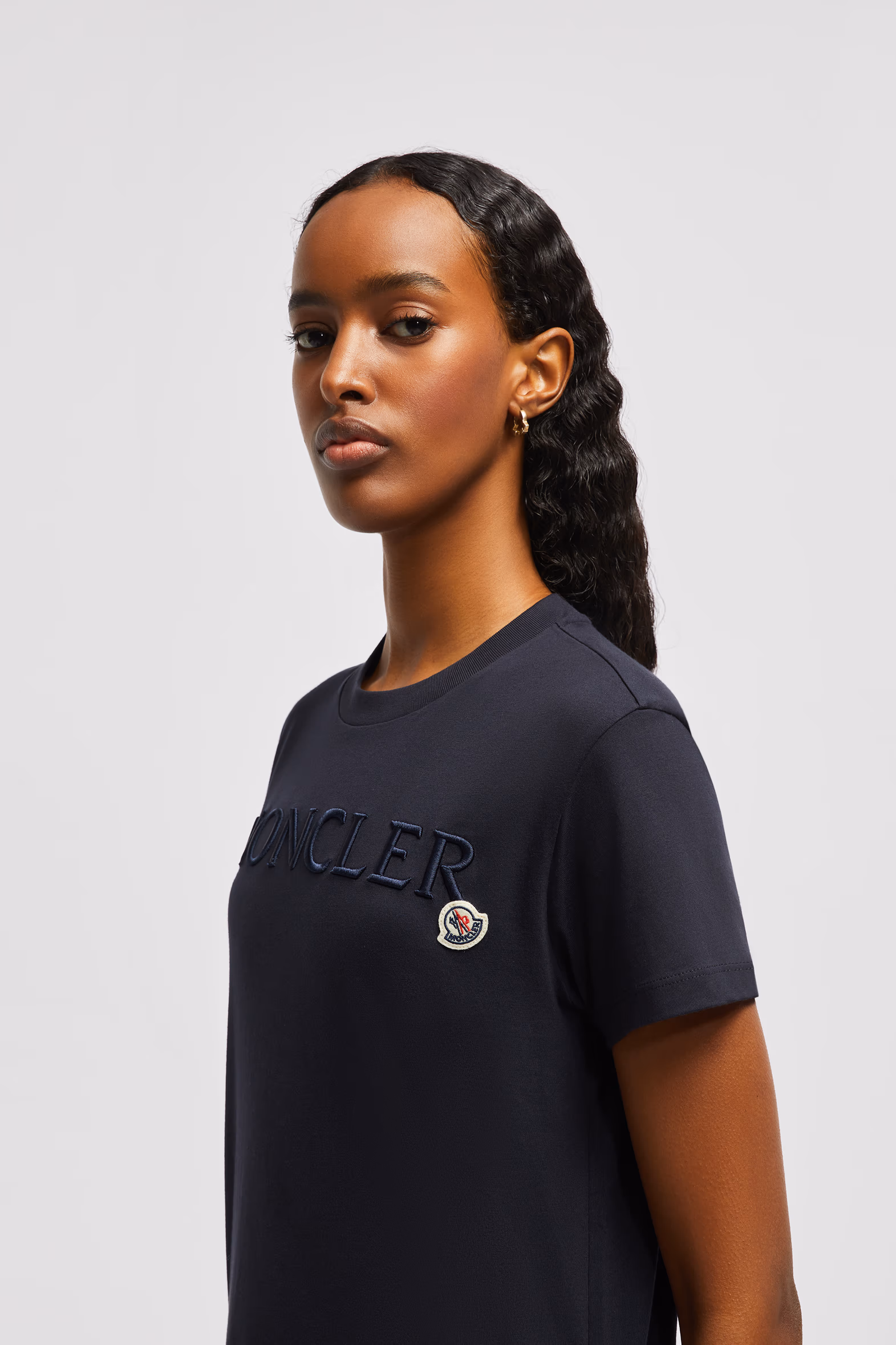 Embroidered Logo Cotton T-Shirt Women Night Blue Moncler 4